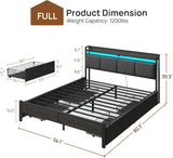 Bed Frame Full with Charging Station and LED Lights, Upholstered Storage Headboard with Drawers