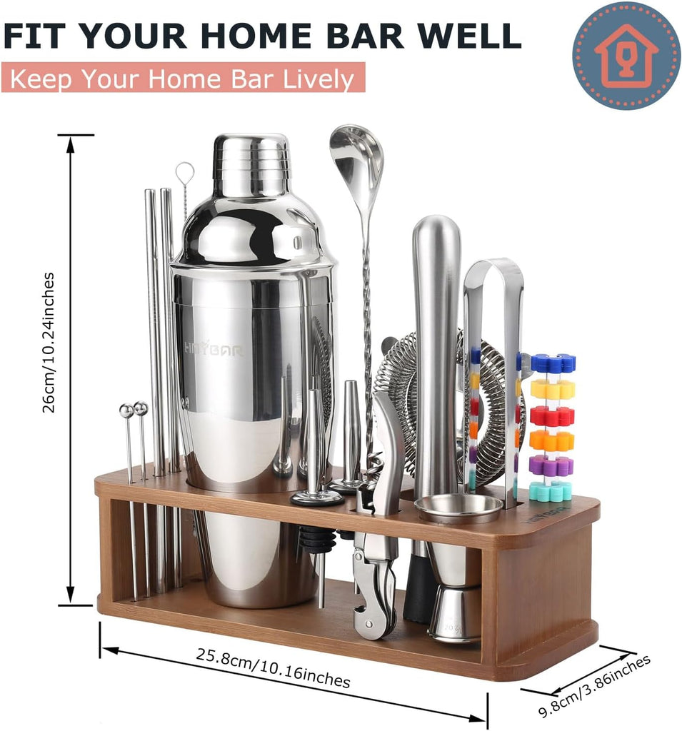 22-Piece Cocktail Shaker Set, Mixology Bartender Kit with 24oz Cobbler Shaker, Home Bar Tool Set with Brown Bamboo - Set of 22