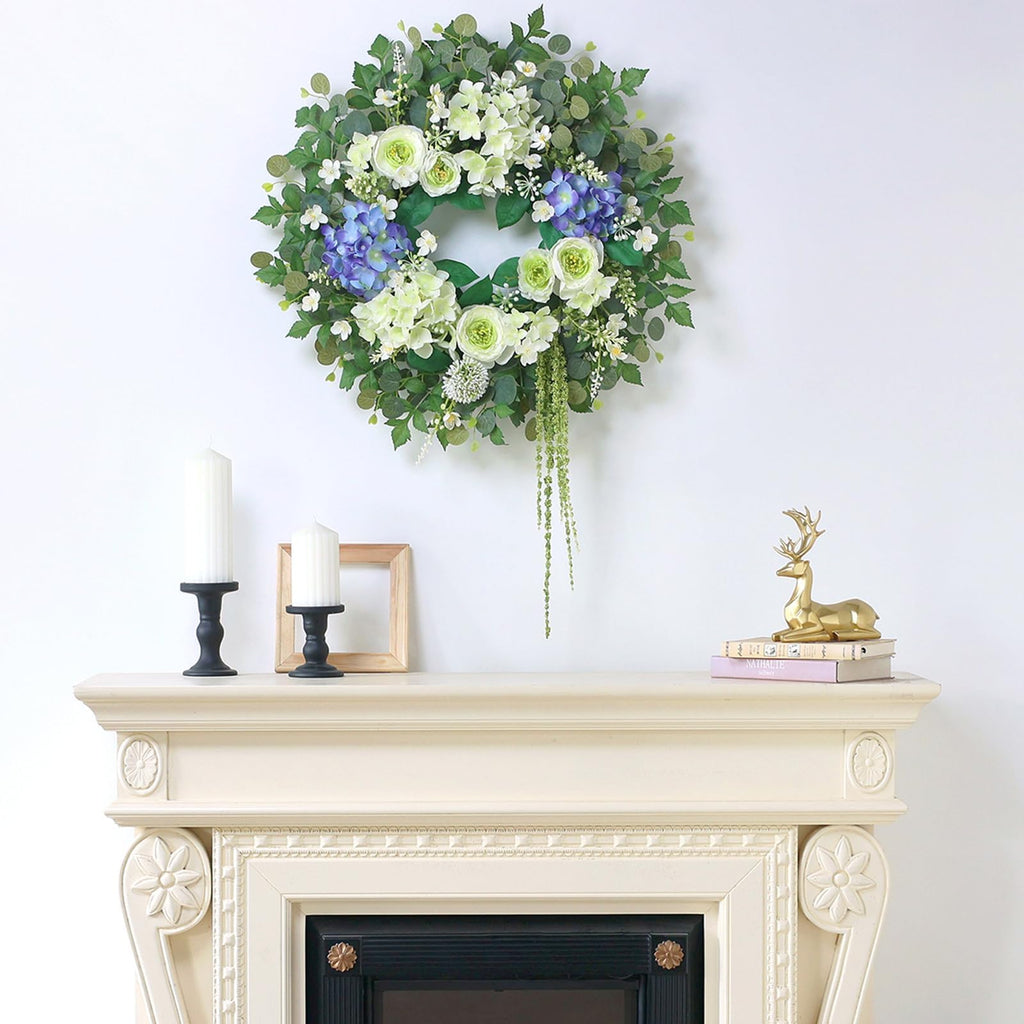 26" Fake Eucalyptus Hydrangea Flower Wreath for Front Door(White&Purple)