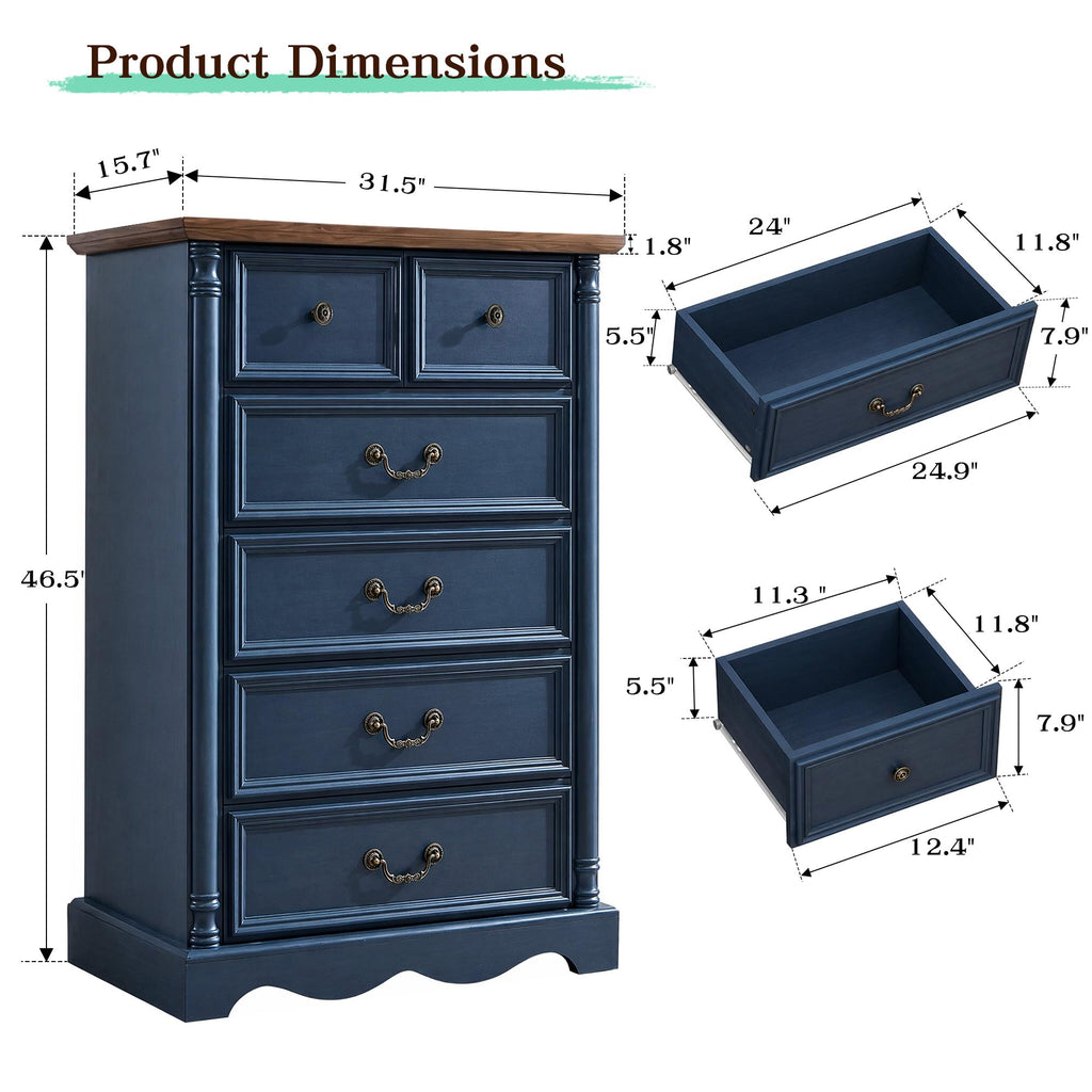 Farmhouse 6 Drawers Dresser, 47" Tall, Blue