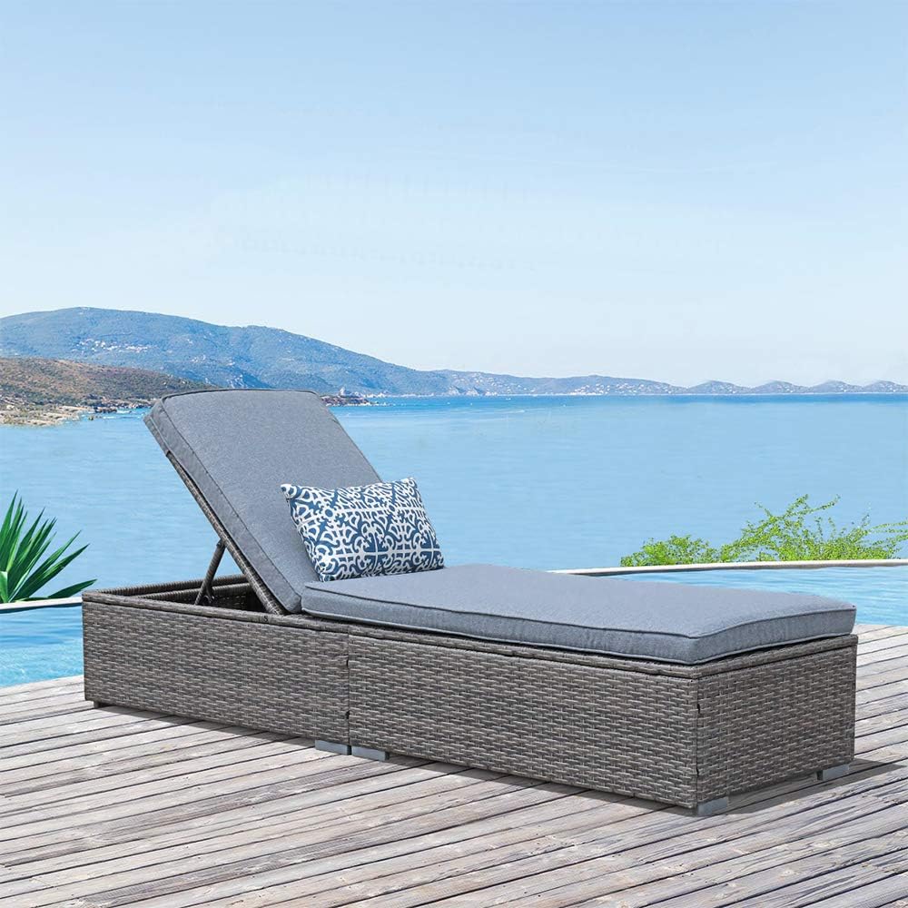 Outdoor Chaise Lounge Chair with Adjustable Backrest, 1 Piece, Gray | All-Weather PE Wicker Patio Pool Lounge Chairs