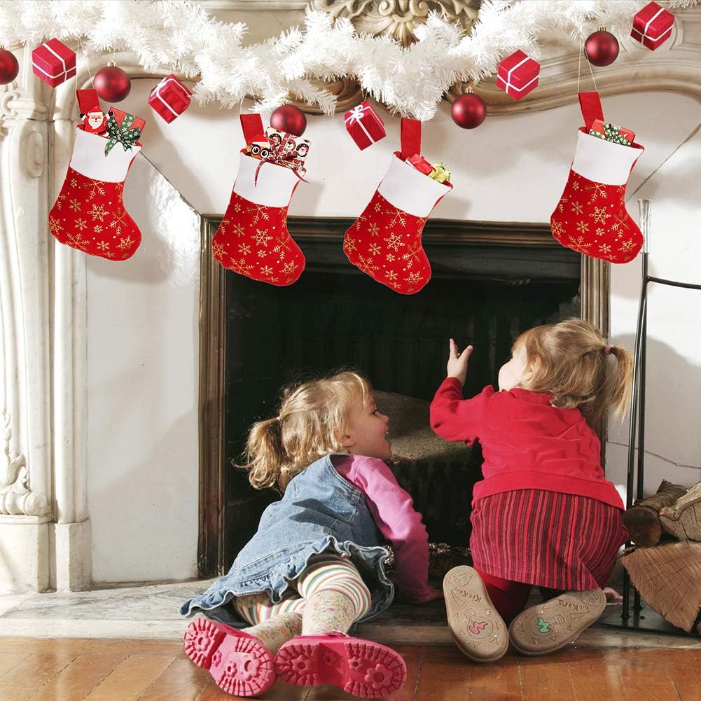 Christmas Stockings Decoration Snowflakes Stocking Red Fannel Faux Fur Xmas Stockings Decor Fireplace - Set of 24