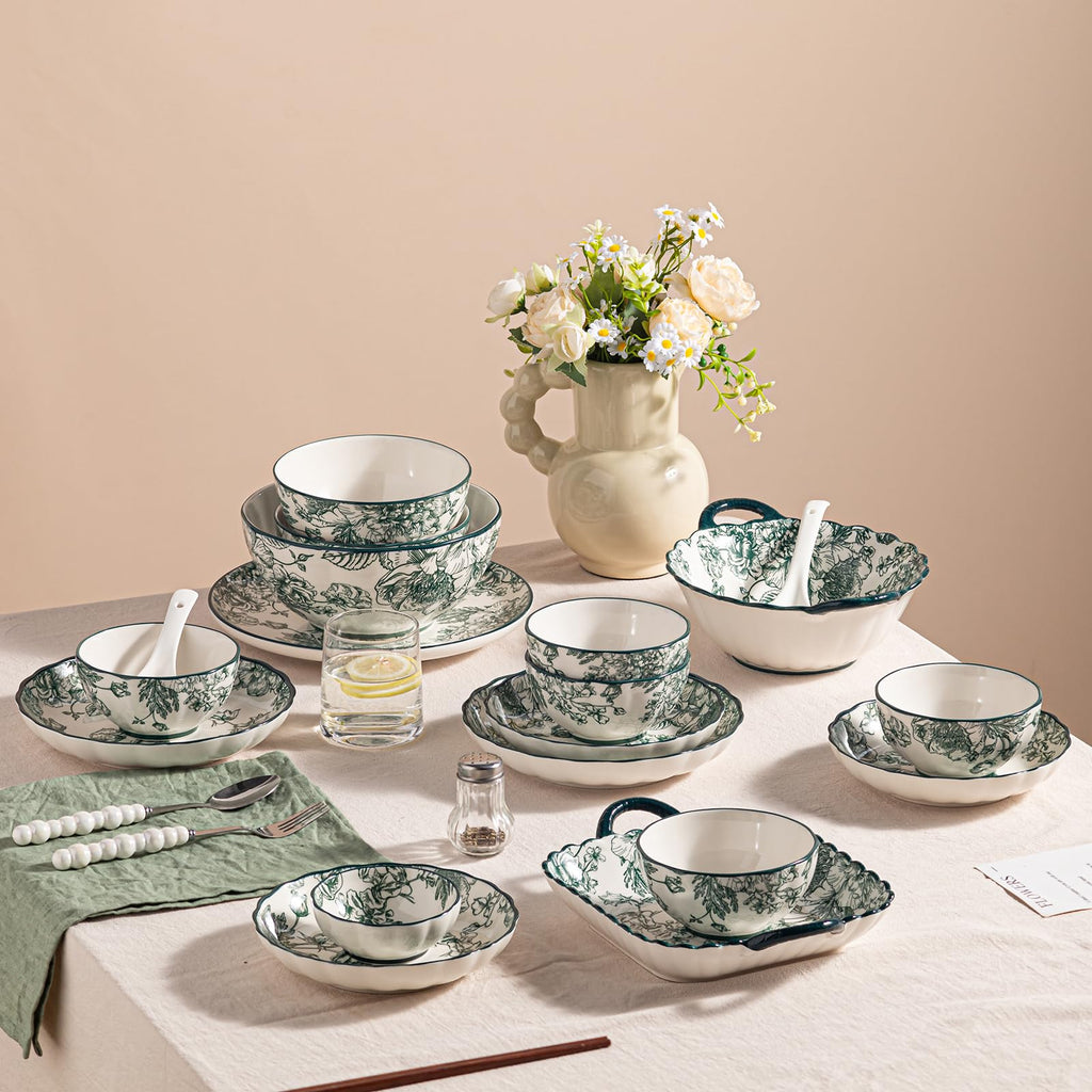 Ceramic Dinnerware Set, Series Kavara II, (Green Rose)