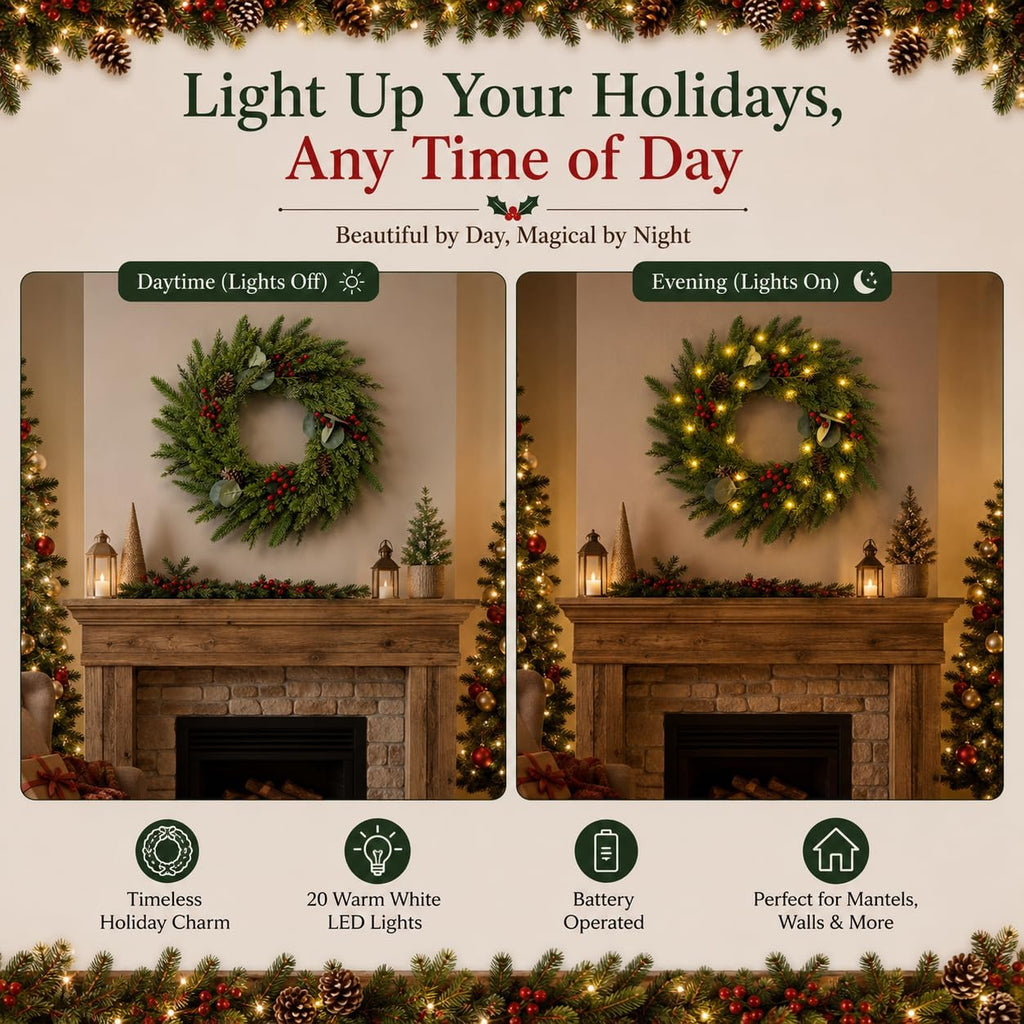 24 Inch Christmas Wreath for Front Door Artificial Wreath with Lights Red | Pinecones, Red Berries, Eucalyptus &
