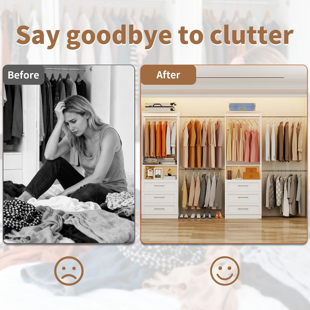 Closet System with 6 Drawers, 4FT-15FT 2-Piece Closet System, Walk in Closet Organizer System, Modular Closet System