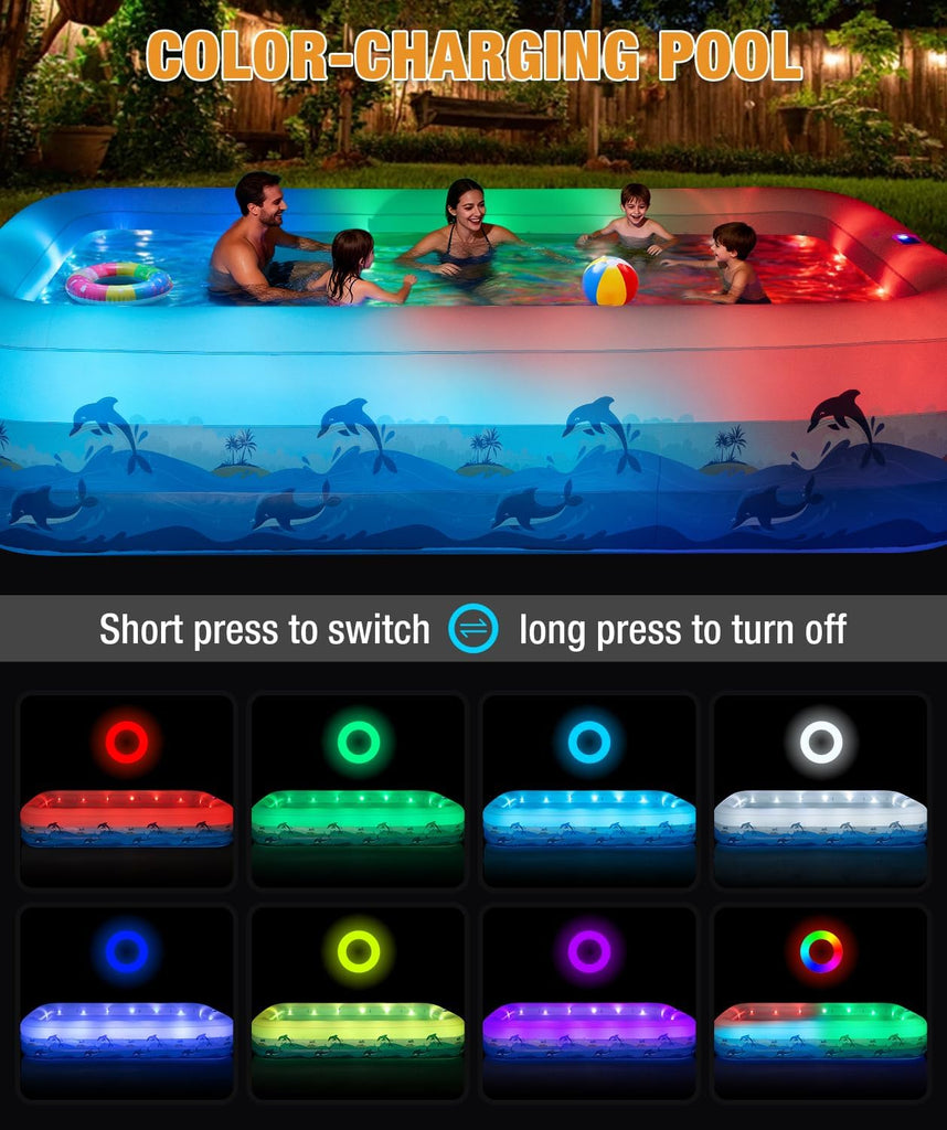 Extra Large Inflatable Pool with Lights - 145" x 74" x 22" Swimming Pool for Adults with Solar Powered, Blow Up Pool