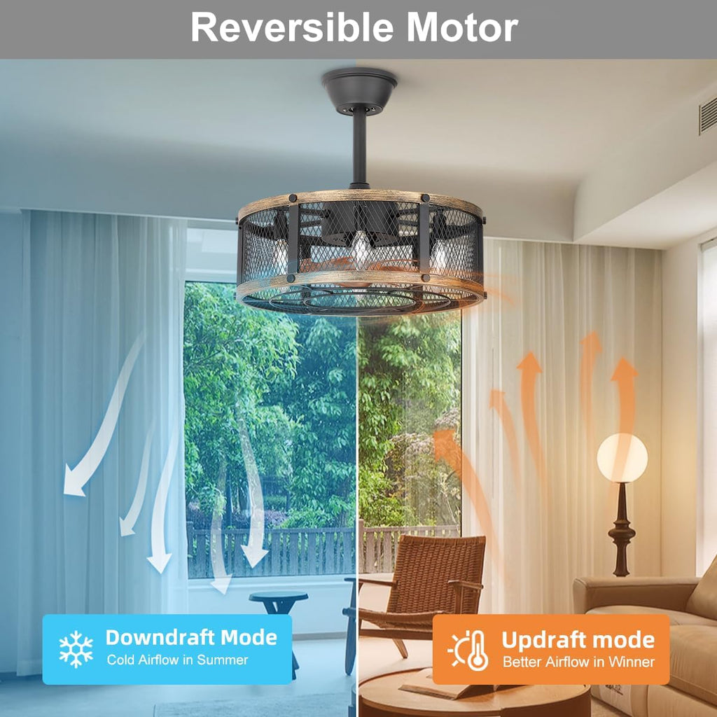 19" Farmhouse Caged Ceiling Fan with Light, 6-Lights, Rustic Ceiling Fans with Lights and Remote, Bladeless Ceiling Fan with Light for Kitchen, Living Room A101-B0F18BKGTG