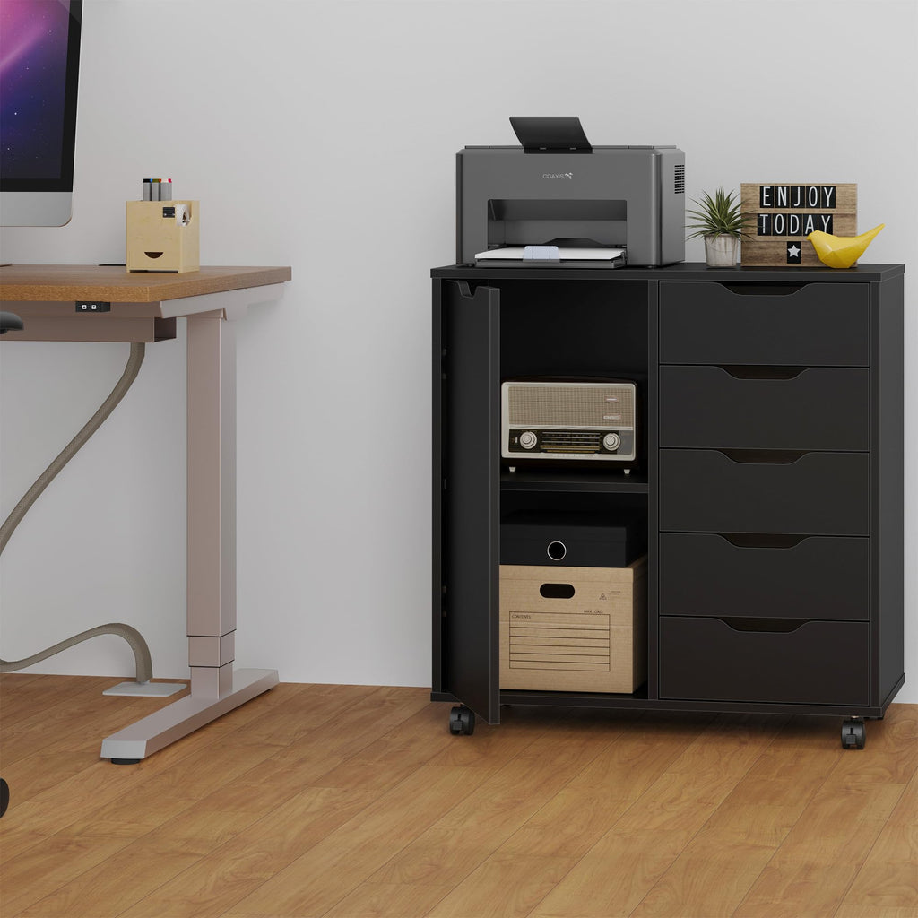 5-Drawer Chest with 1 Door, Wooden Chest of Drawers Storage Cabinet with Wheels, Office Organization and Storage