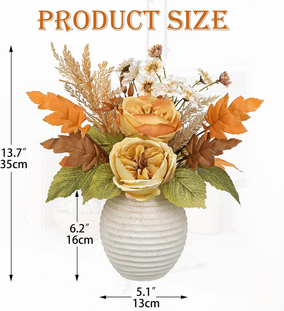 Artificial Fall Floral Centerpiece with Vase, Fake Flowers for Autumn Table Decorations, Silk Rose & Maple Leaves