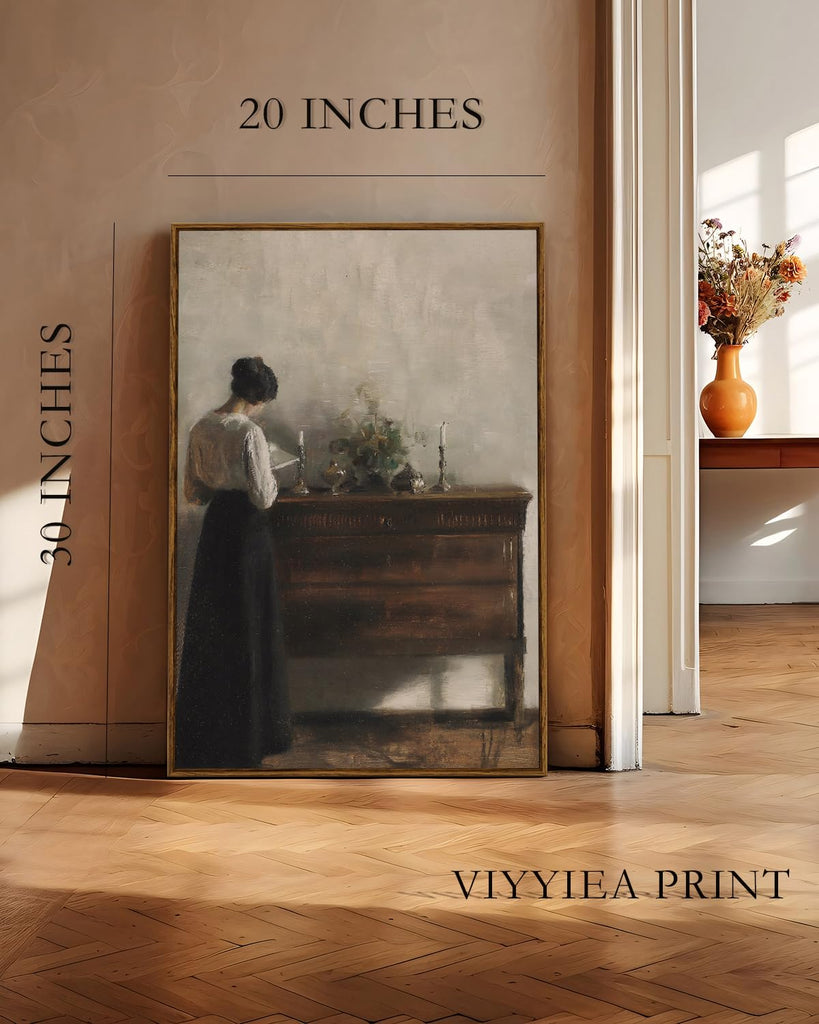 Vintage Women Large Framed Wall Art, Woman Standing Reading Paintings Decor Aesthetic, 20x30 Inch Canvas Print