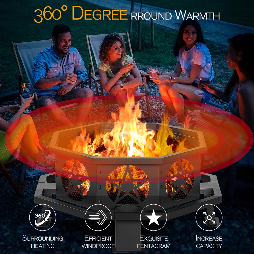 32 Inch Outdoor Octagonal Fire Pit with Fire Poker Black
