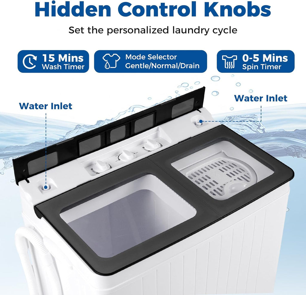 Portable Washing Machine, 26LBS Twin Tub Mini Compact Laundry Washer Spinner Combo with Drain Pump, 18Lbs Washer and