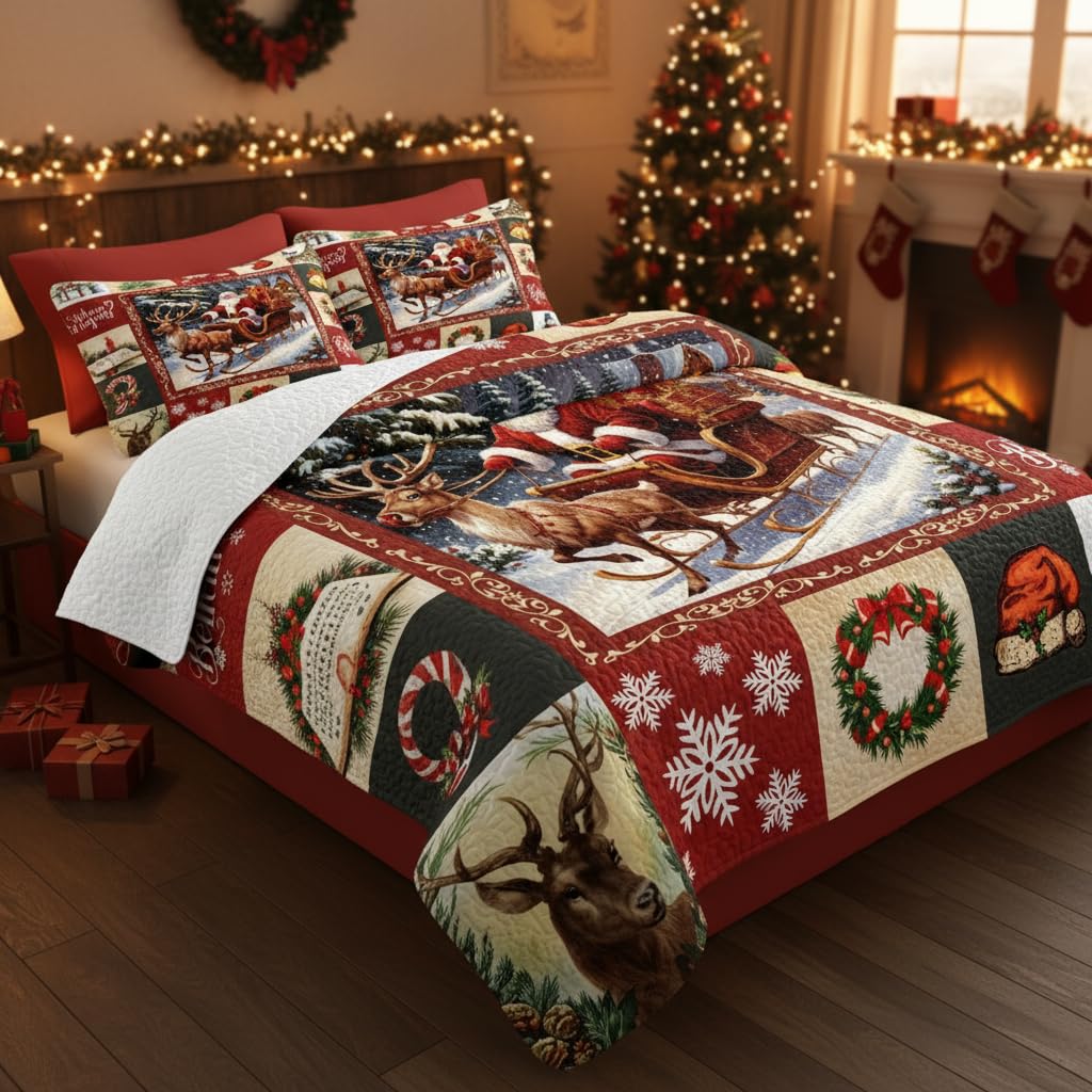 Merry Christmas Patchwork Quilt Set King- Santa Claus Sled Tree Snowflakes Checkered Printed Holiday Bedding Set