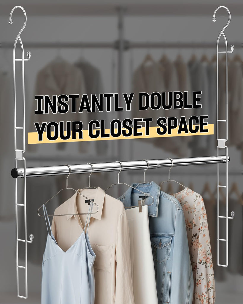 Hanging Closet Rod with Side Hooks, Adjustable Height & Width