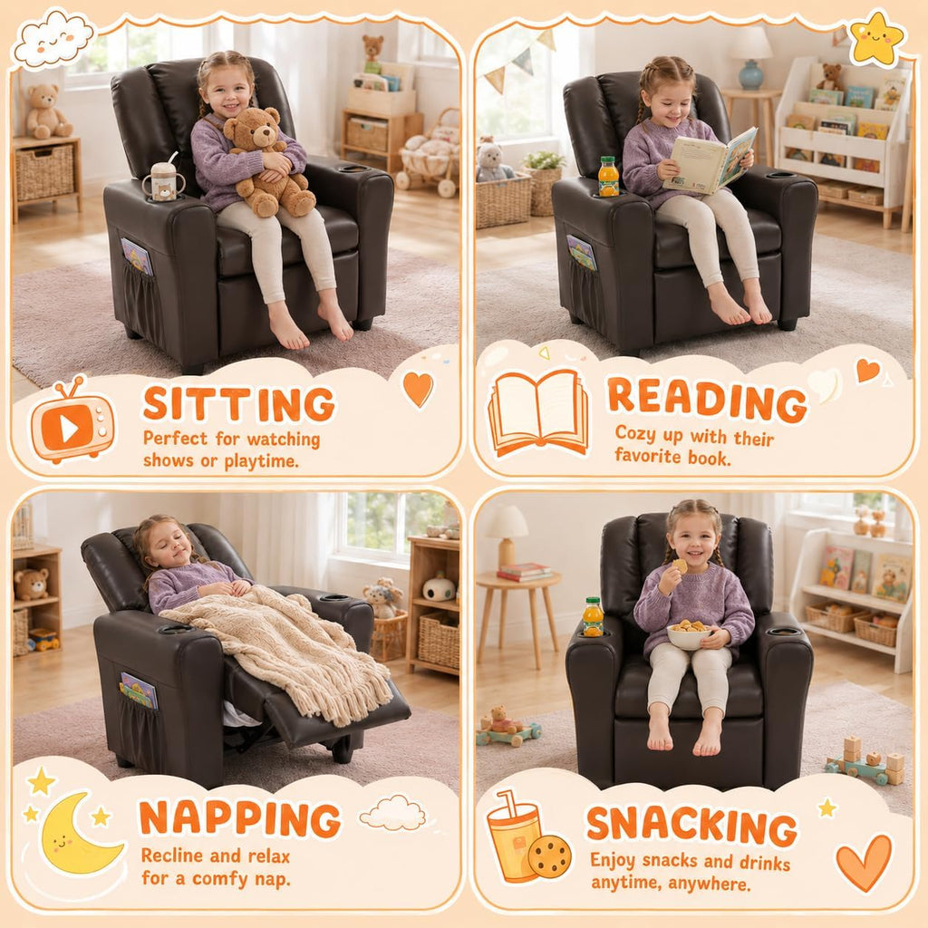 Kids Recliner Chair PU Leather Reclining Toddler Push Back Sofa Ages 1-6