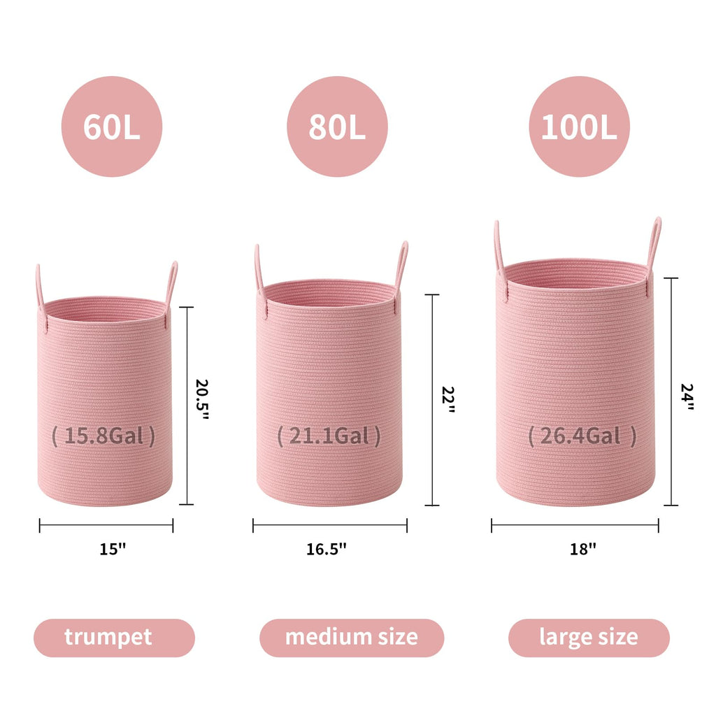 Basket Hamper Tall Rope Storage Woven for Blanket toys Dirty Clothes Bathroom Bedroom (Pink, 80L/21.3Gal)