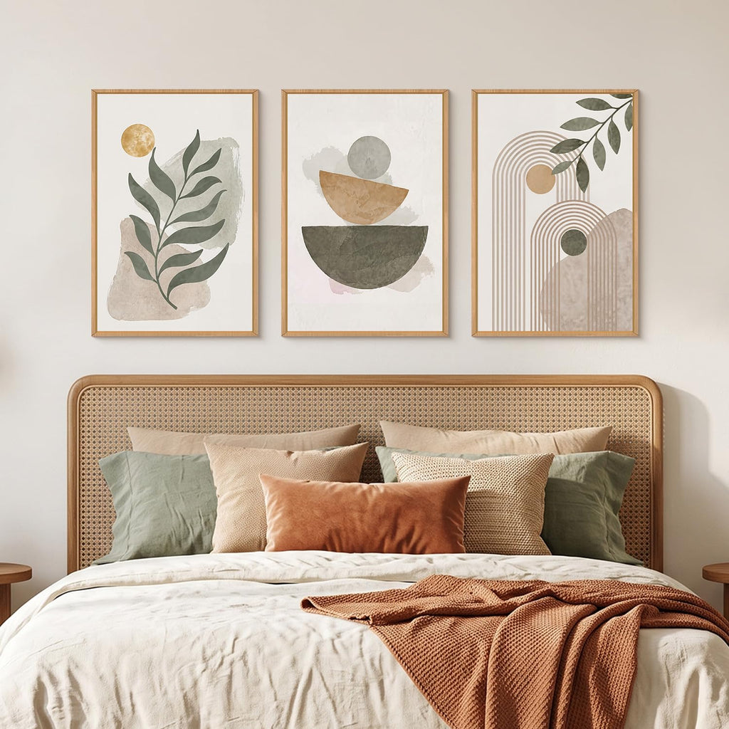 Boho Abstract Framed Canvas Wall Art, Large Modern Geometric Line Wall Decor, Mid Century Botanical Sun Artwork Set of