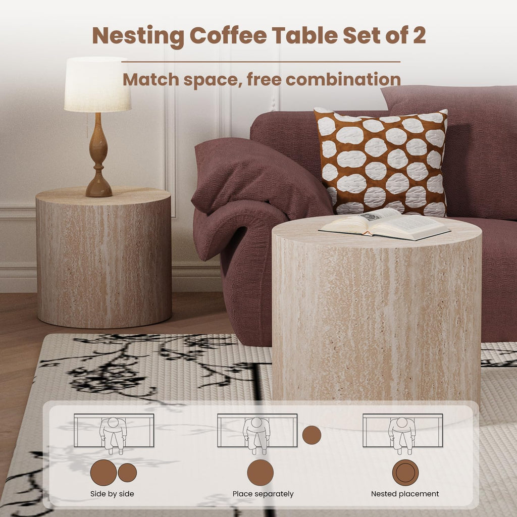Round Nesting Coffee Set of 2, Wood Side, Travertine