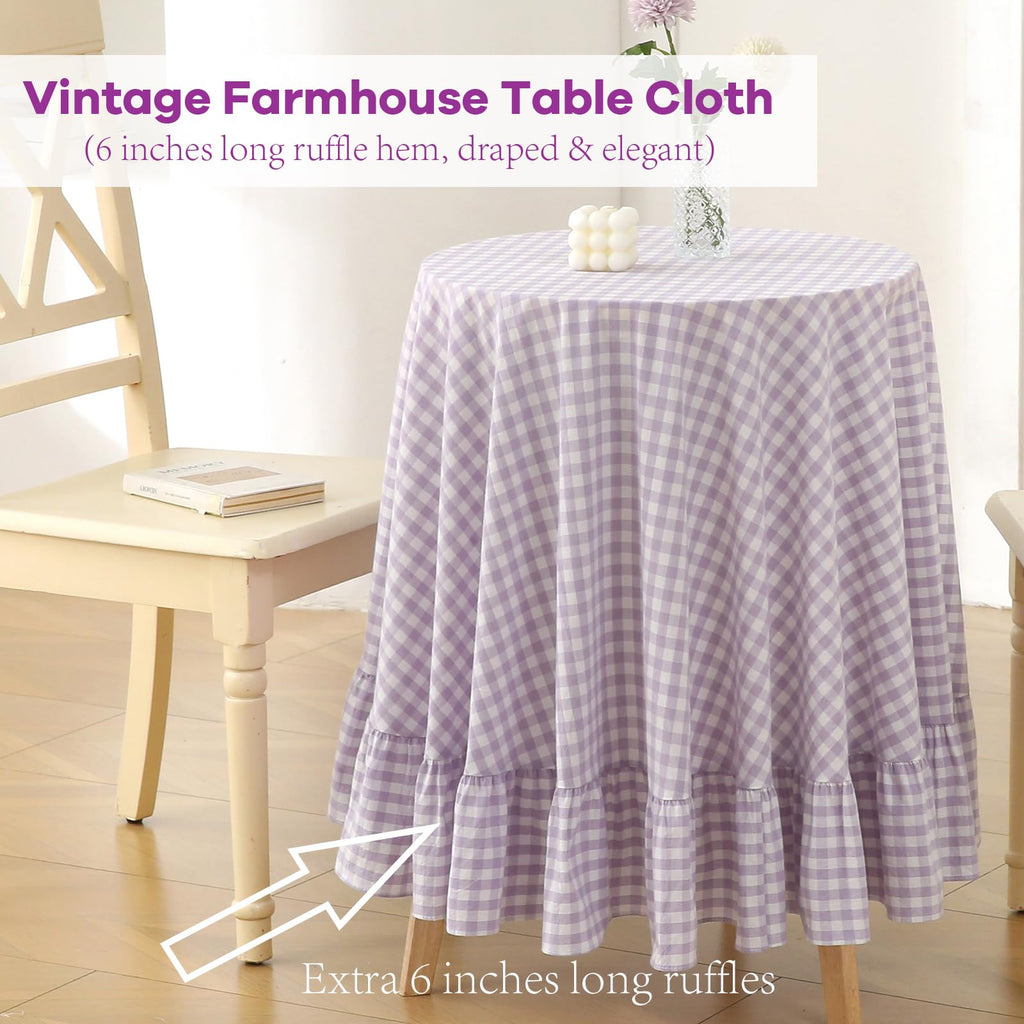 Lavender Lilac Gingham Coffee Picnic Tablecloth Round Dia.51"