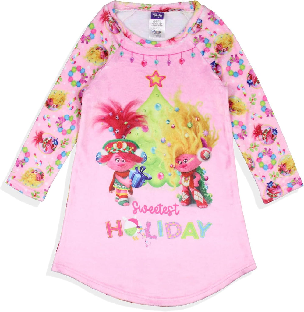 Trolls Girl's Sweetest Holiday Poppy And Viva Plush Fleece Raglan Kids Pajama Nightgown