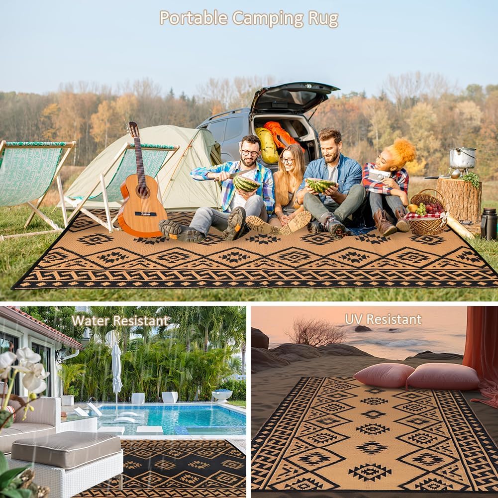 Outdoor Rug Waterproof Patio Rug Plastic Rug Black & Brown