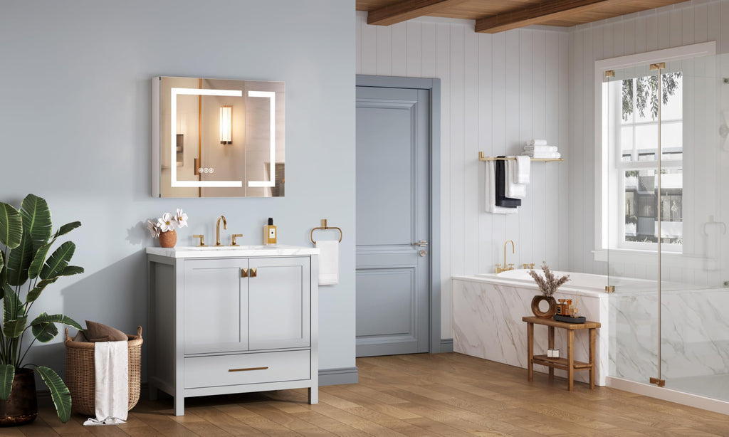 Medicine Cabinet with Lights 30x26 Inch, Aluminum Alloy Frame with Side Mirrors &Dual Mirrored Doors, Recessed or