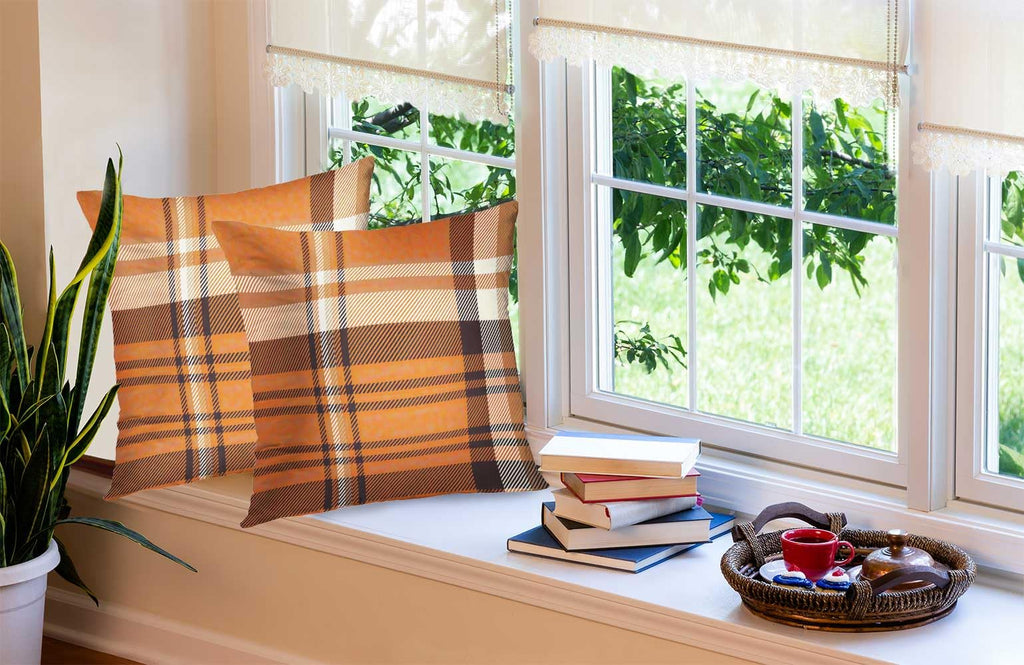 Orange Brown Tartan Plaid Checkered Pillow Covers 24x24 Set of 2