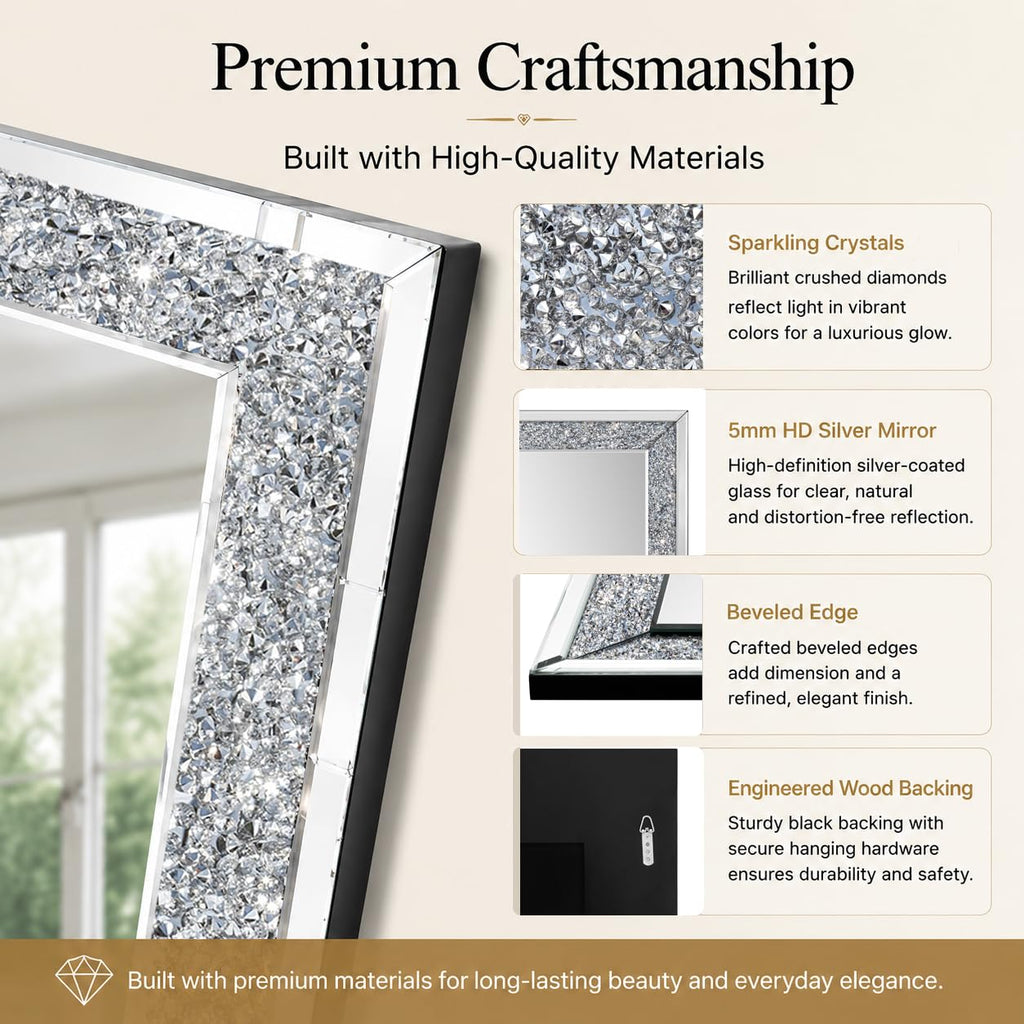 Crushed Diamond Mirrors for Wall Decor, 35.4x23.6 Decorative Mirror Rectangle Hanging Mirrors Large Crystal