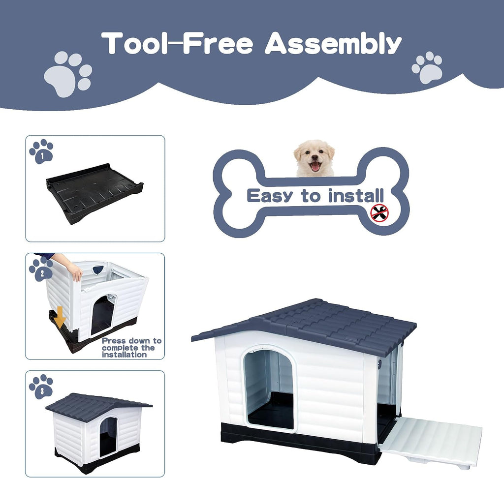 2-Door Small Dog House for Indoor and Outdoor Dog House with Fold-Out Porch Elevated Base, Waterproof Pet House