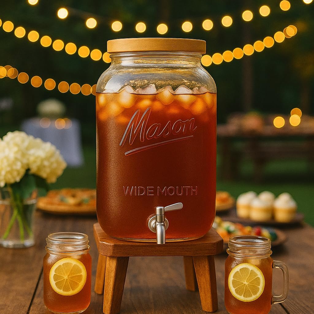 2 Gallon with Wooden Lid - Large Square Mason Jar Drink Container with Stainless Steel Spigot - Big Batch Iced Tea