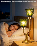 Mid Century Modern Glass Green Table Lamp 2-Light Gold Dimmable Desk Lamps with Crown Glass Shade & 3000K Warmwhite