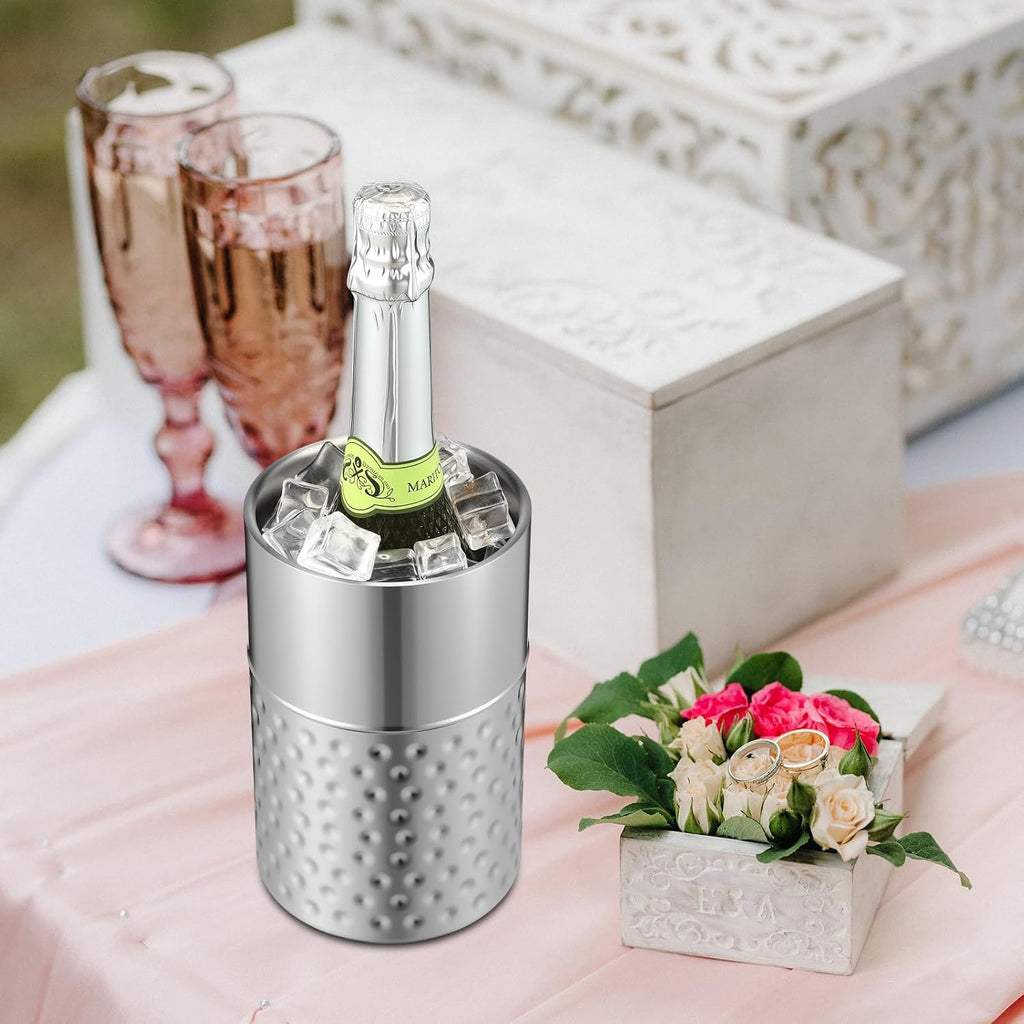 Wine Chiller Bucket Stainless Steel Double Wall Insulated Wine Cooler Bucket to Keep Cold, Hammer Pattern - Set of 12
