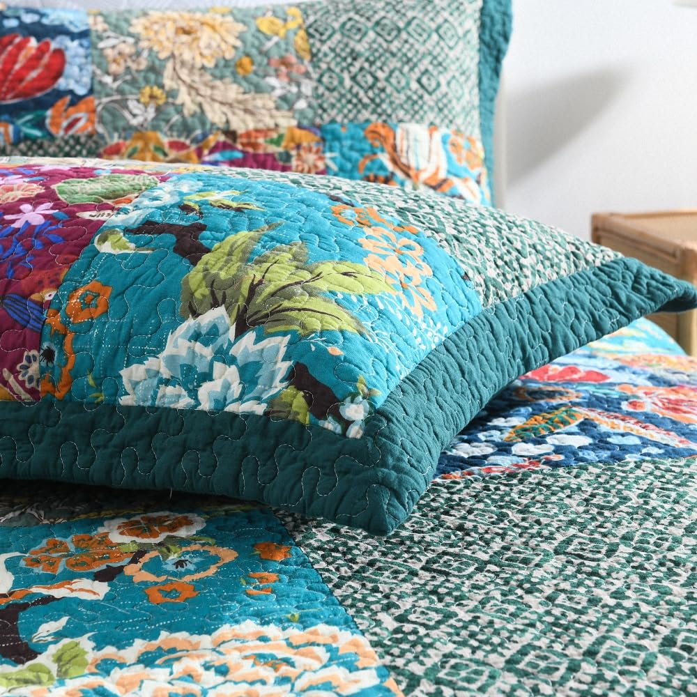 Cotton Bedspread Quilt Sets Reversible Bedding Coverlet Sets Comforter, Vintage Floral Patchwork Turquoise Bedspread