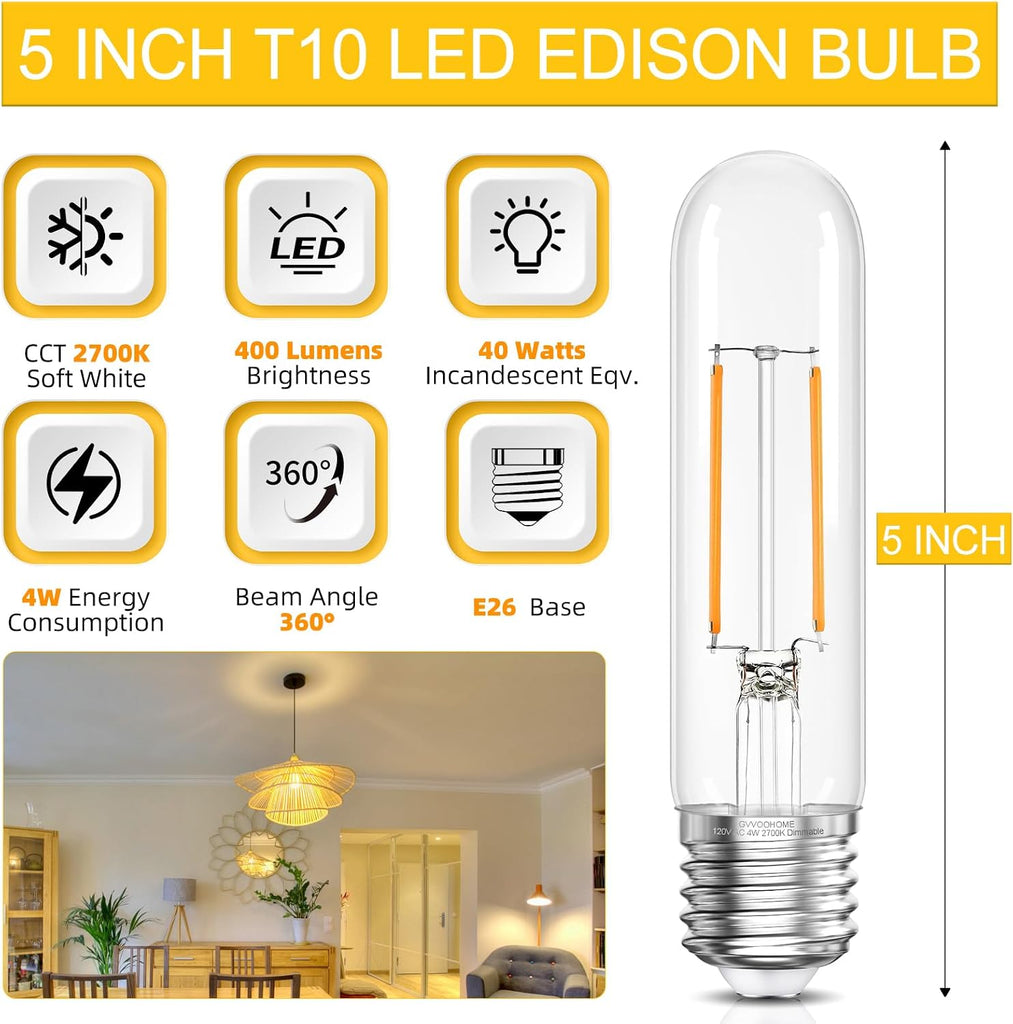 Dimmable Edison Tubular LED Bulb, E26 LED Bulbs 40W Equivalent