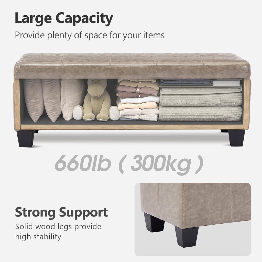 41.5 Inch Light Gray Faux Leather Storage Ottoman Bench for Small Spaces | 2.8 cu ft storage capacity,660 lbs weight