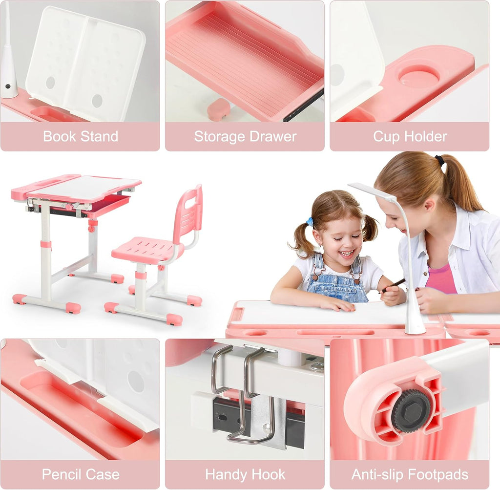 Kids Desk and Chair Set, Height Adjustable Children School Functional Study Desk with 55° Tiltable Desktop, 3 Modes &