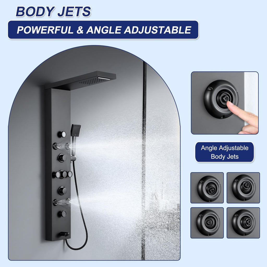 6 in 1 Rainfall Waterfall Shower Panel Tower System Matte Black