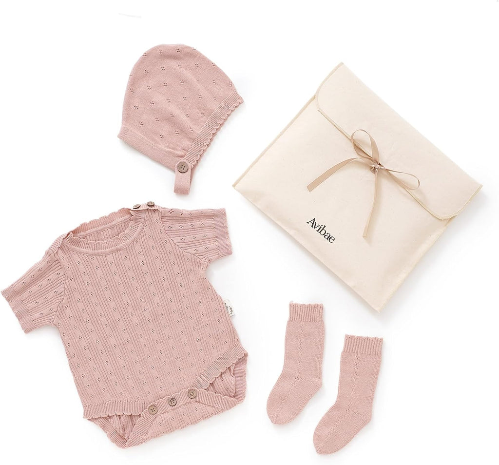 Cotton Baby Set with Knitted Short Sleeve Sweater, Hat, Socks