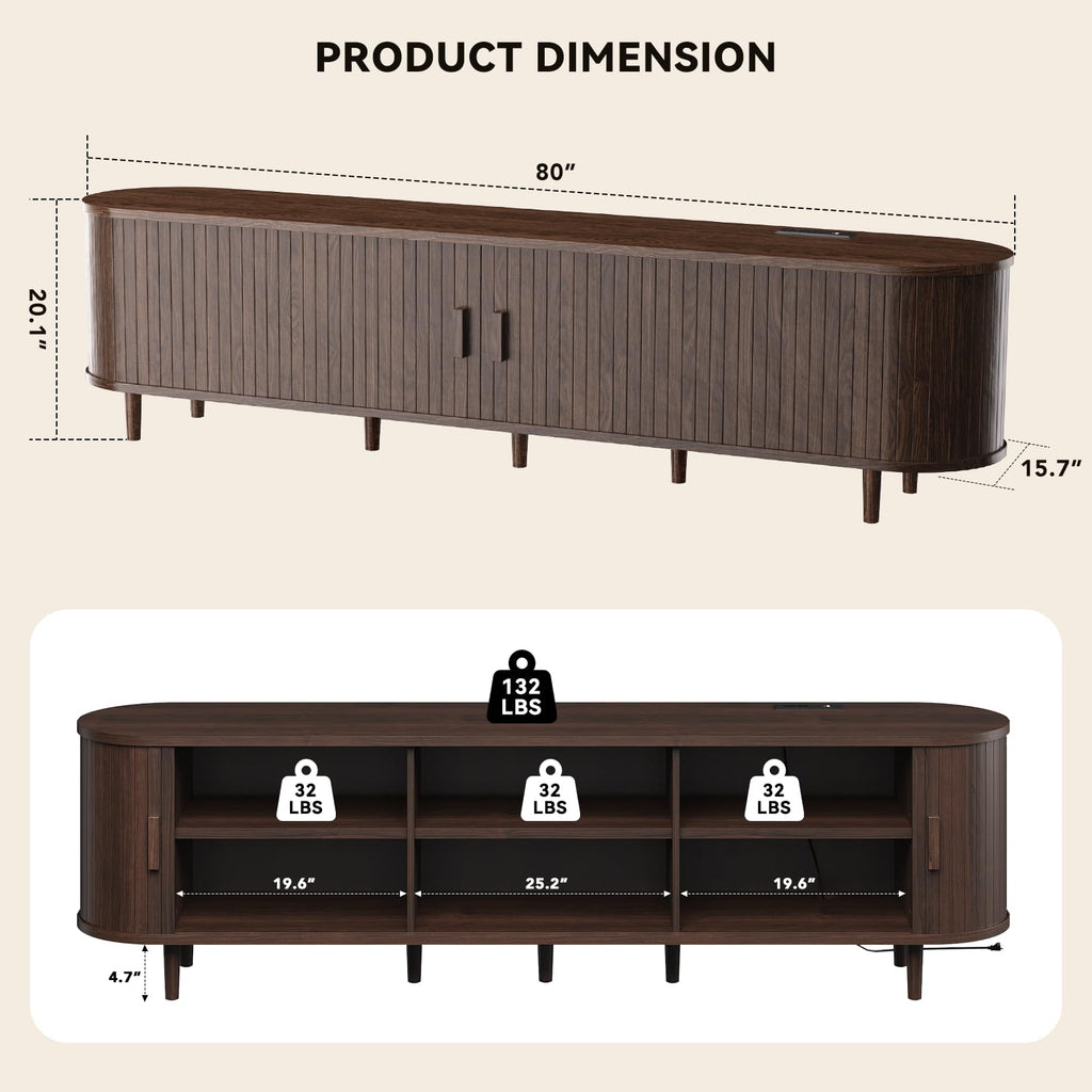 80" Mid Century Modern TV Stand with Power Outlet, Fluted Entertainment Center with Storage and Adjustable Shelves