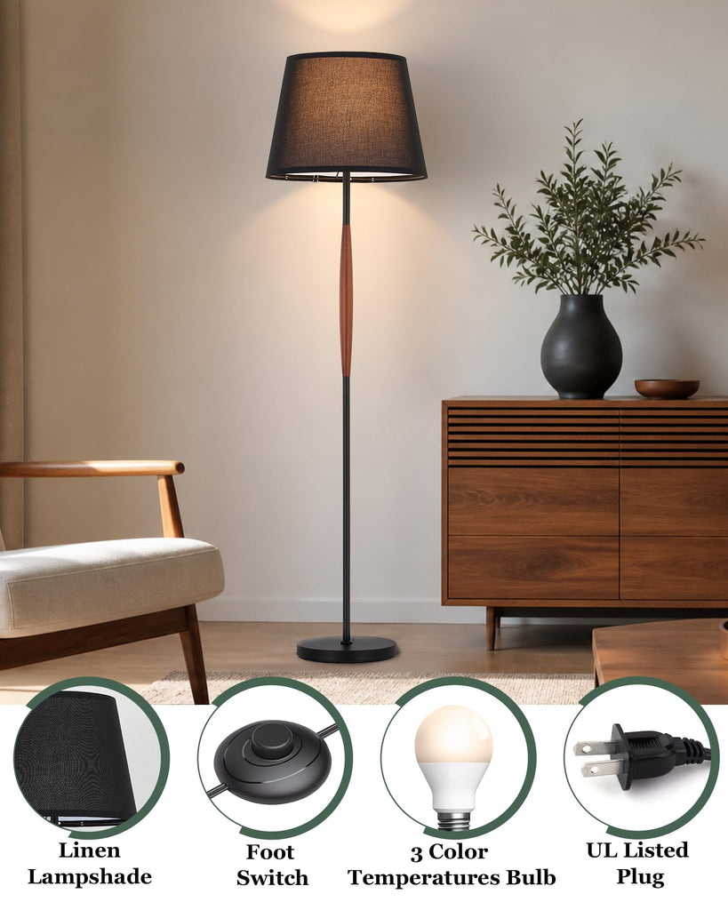 Mid Century Modern Floor Lamp, Solid Wood Reading Standing Lamp with Black Linen Fabric Shade, Vintage Corner Light