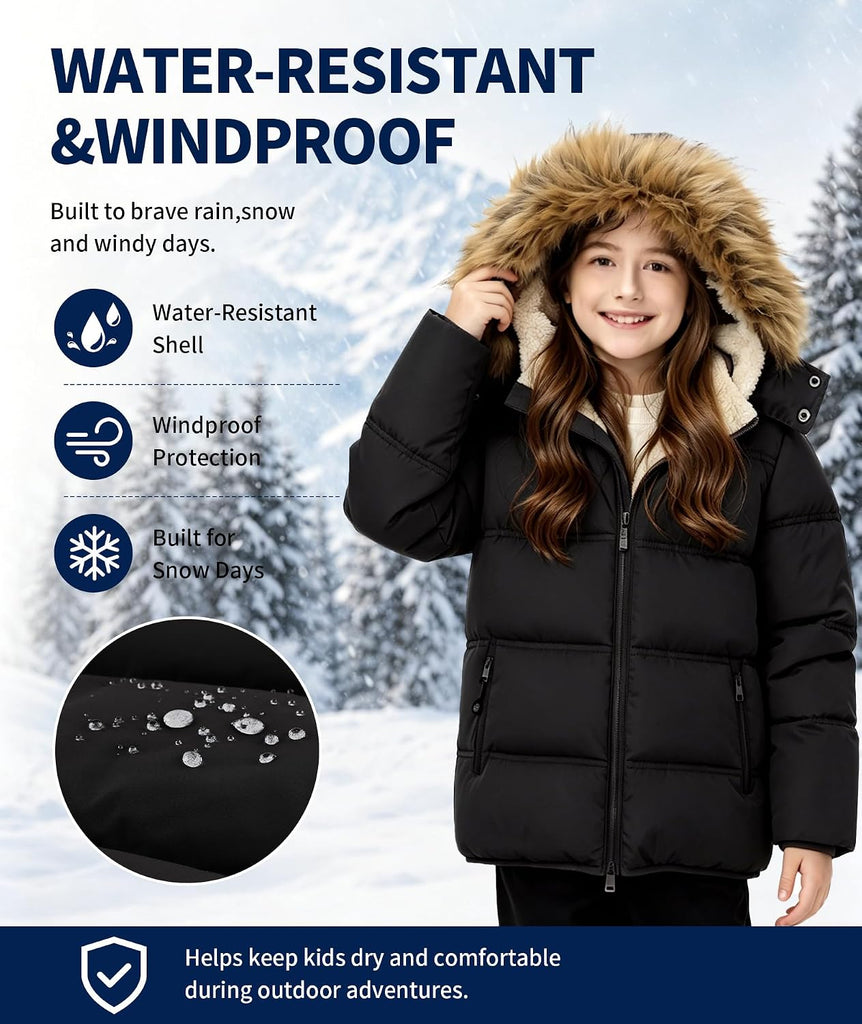 Boys Girls Winter Puffer Jacket Water Resistant Hooded Coat