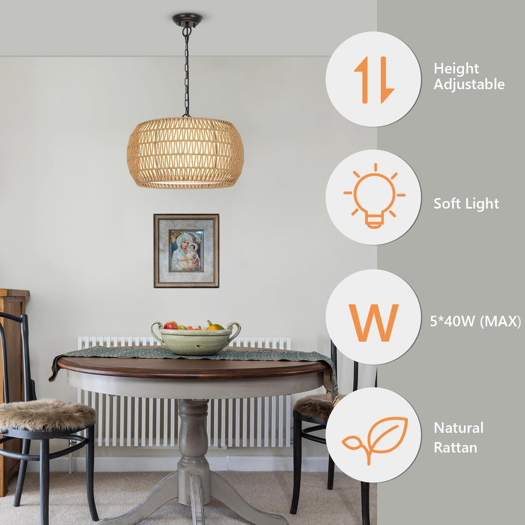 Rattan Farmhouse Chandelier Light Fixtures, 5-Lights Boho Large Pendant Light, Hand Woven Chandeliers with Fabric