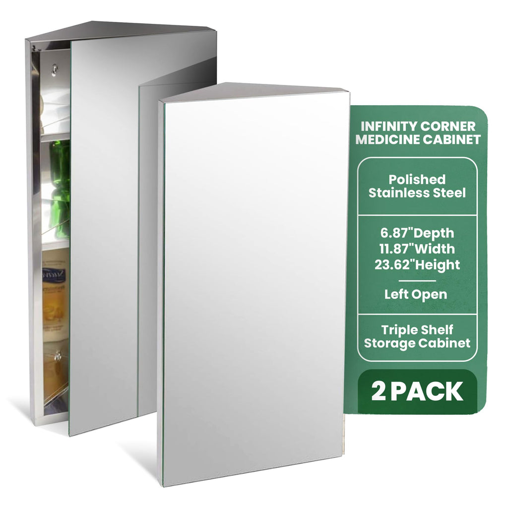 Supply Infinity Corner Medicine Cabinet with Mirror - Triple Shelf Storage Cabinet - Modern Wall Mount Medicine