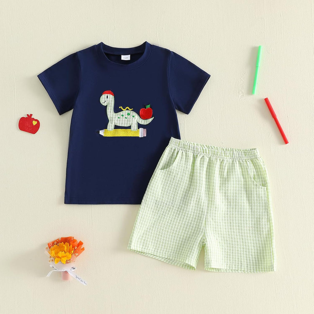 Kids Toddler Boy Back to School Outfit Short Sleeve Embroidery T Shirt Plaid Shorts Set First Day of School Clothes