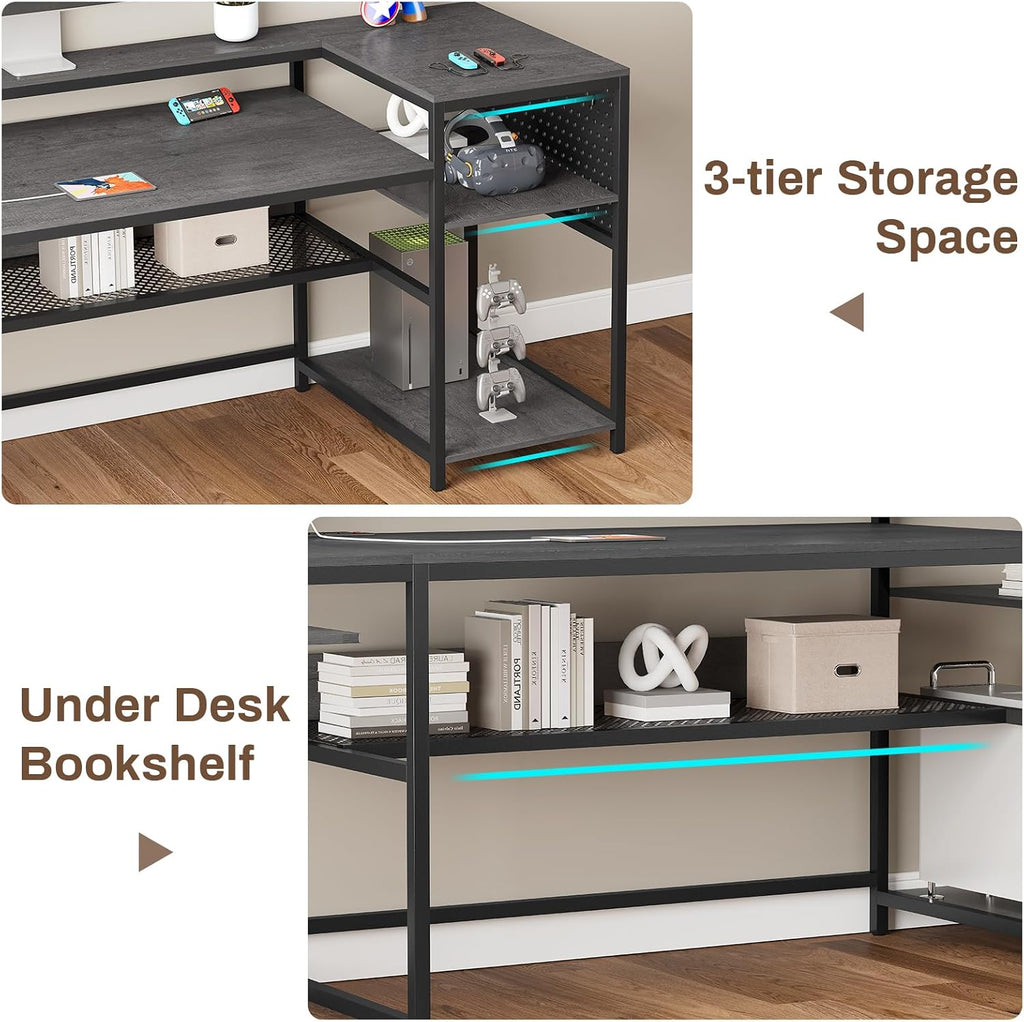 L Shaped Gaming Desk, Convertible 96" Home Office Desk or Corner Desk, L Shaped Table with Power Outlets & LED Strip