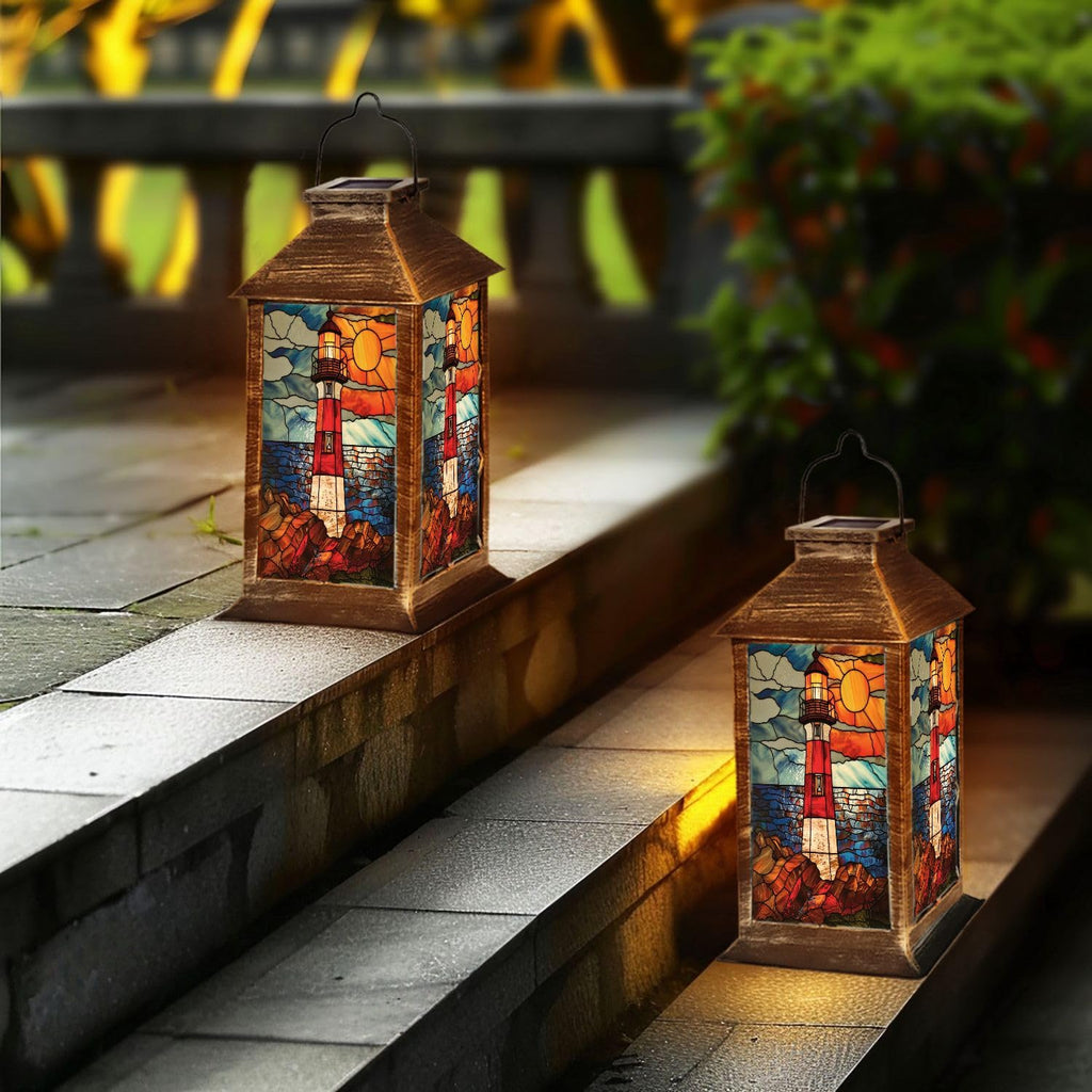 Solar Lantern Coastal Lighthouse Stained Glass Hanging Ornament Outdoor Garden Hanging Lantern Waterproof Solar