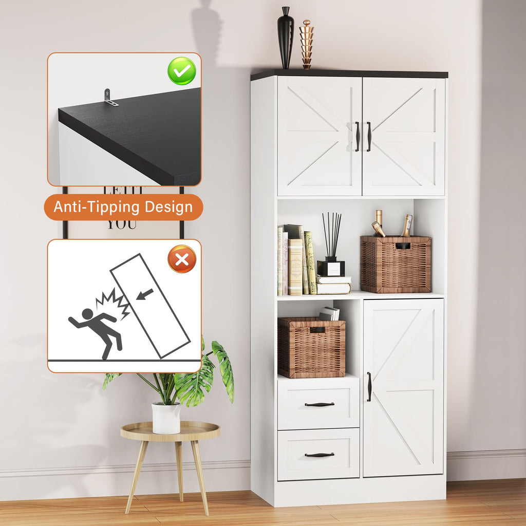 Farmhouse Kitchen Pantry Cabinet with LED Lights and Power Strip, Tall Kitchen Storage Cabinet, Kitchen Hutch with