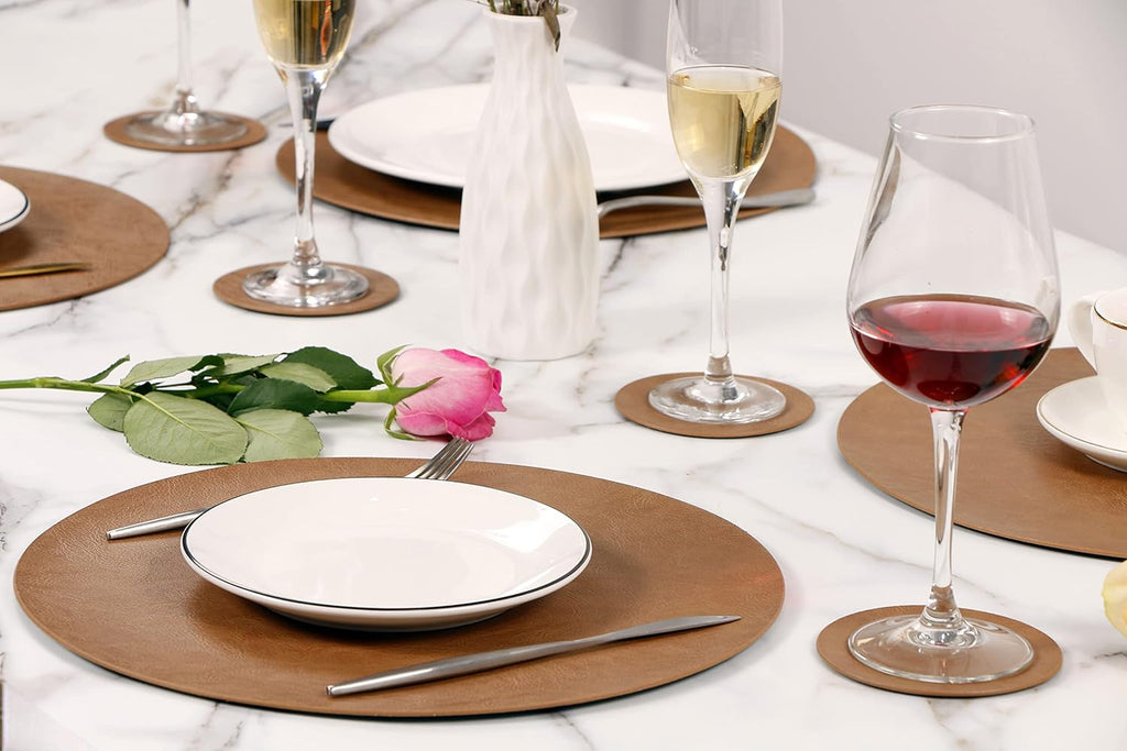 PU Leather Placemats, Waterproof Coffee Coasters, Kitchen Table Mats, Easy to Wipe Off for Dining Round Table - Set of 8