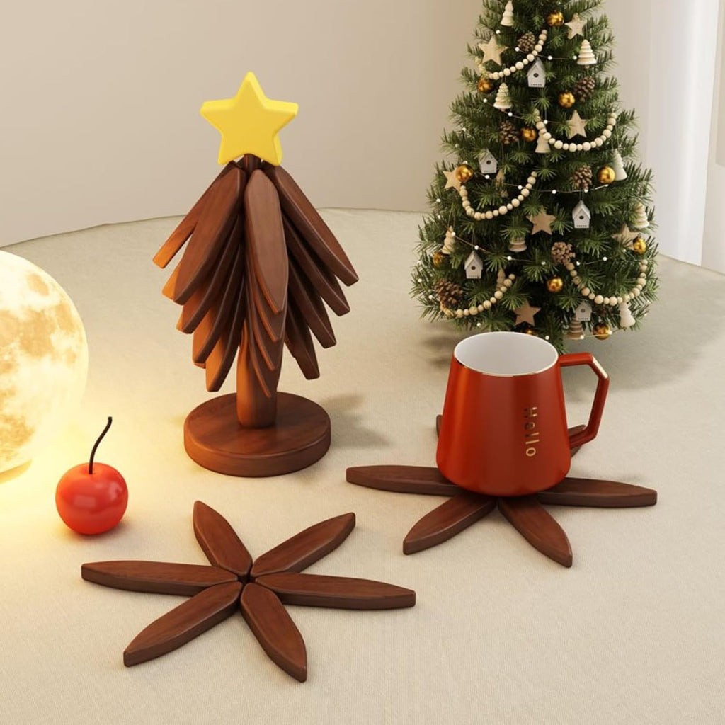 Trivets for Hot Dishes, Upgraded Foldable Wooden Coaster Set Walnut Wood Christmas Tree Trivet Stand Home Decoration