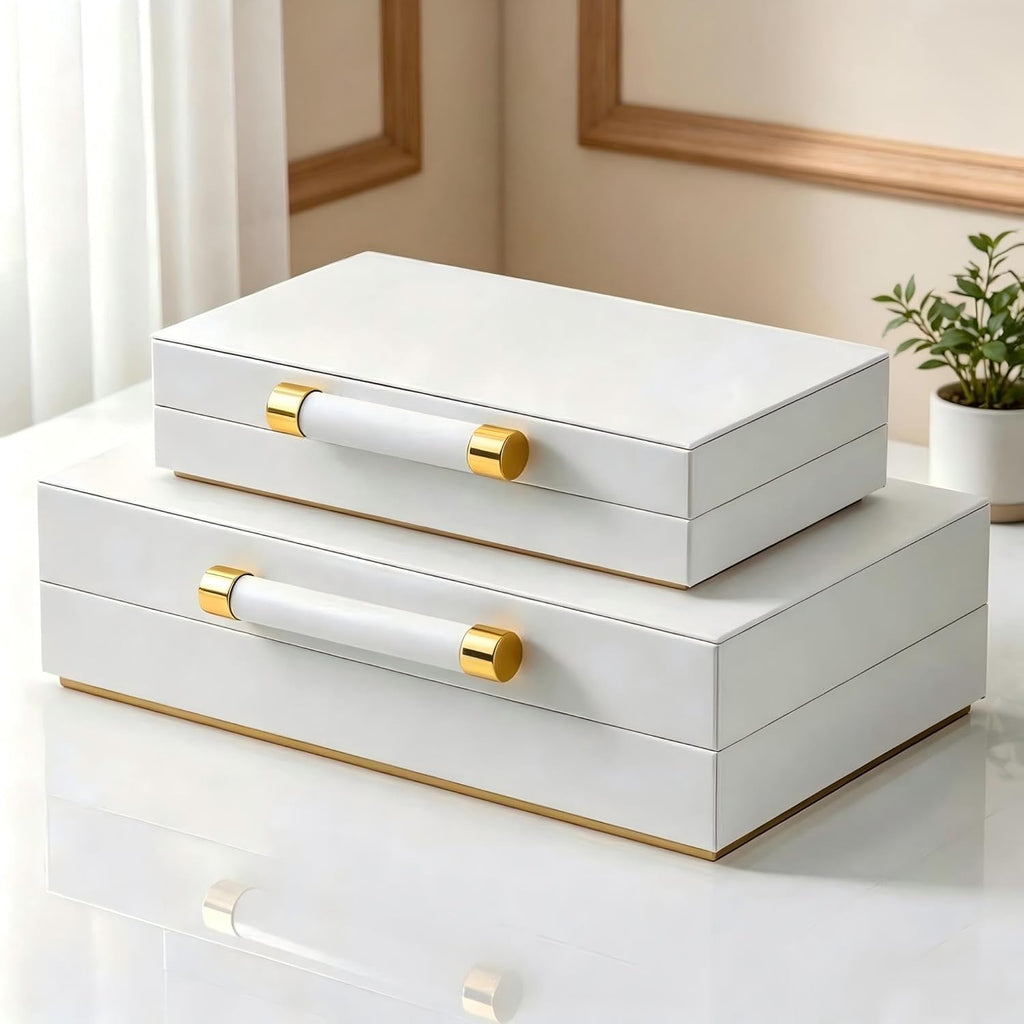 Decorative Storage Boxes with Lids Decor - Large White PU Leather Memory Box for Keepsakes, 8 Necklace Hooks - Set of 2